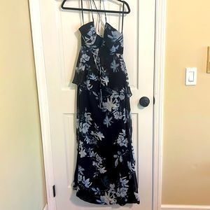 BCBG Dark Blue Floral Dress with Deep Plunge Neckline (Size 4)